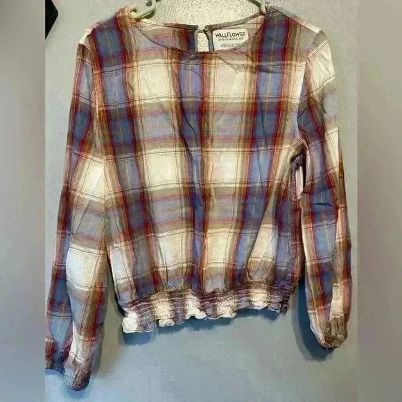 💚 Wallflower Juniors Plaid Top XL Elastic Waist Boho Western Fall - Picture 2 of 5